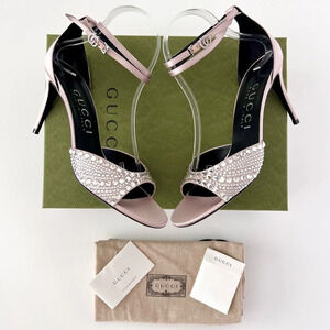 NEW GUCCI  Crystal Embellished GG Ankle Wrap Light Pink High Heel Sandals US 9.5
